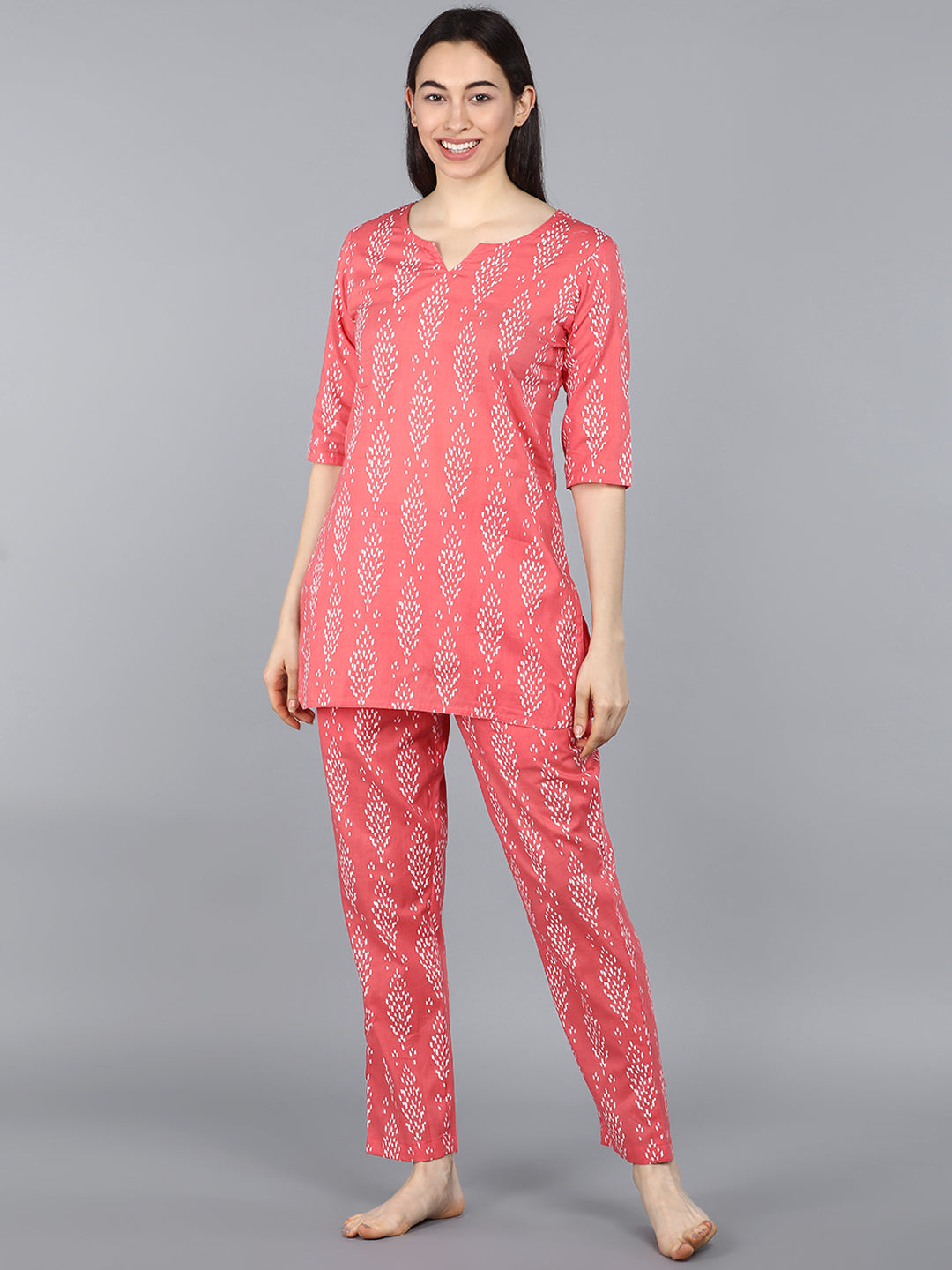 Women's Coral Cotton Ethnic Motifs Printed Night Suit  - Ahika