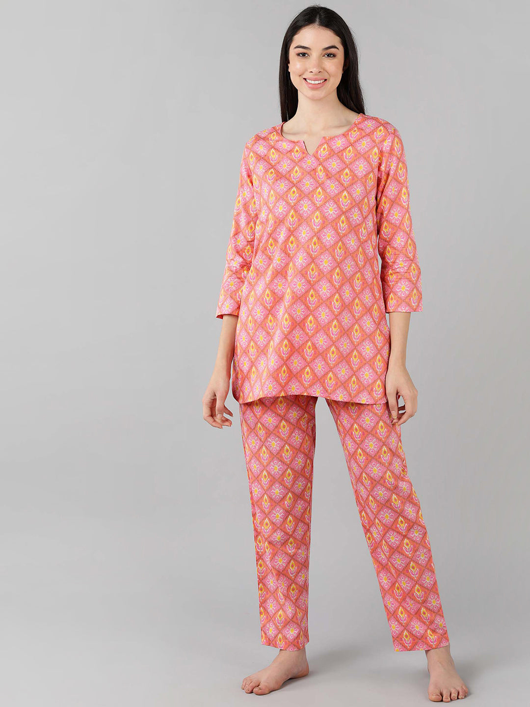 Women's Pink Cotton Ethnic Motifs Printed Night Suit  - Ahika