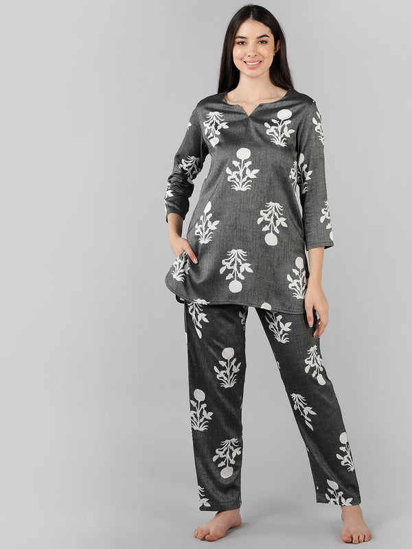 Women's Grey Cotton Floral Printed Night Suit  - Ahika