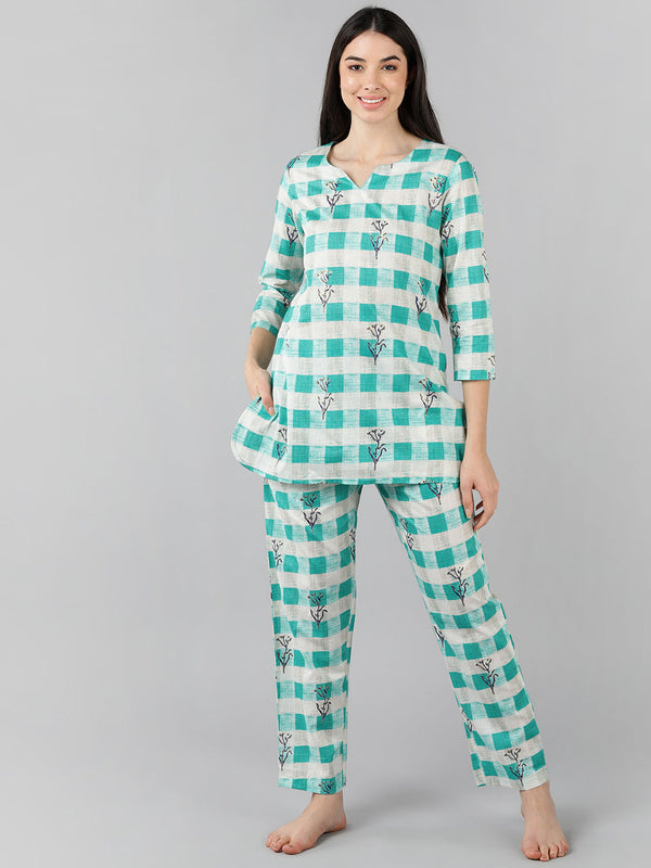 Women's Cream Cotton Checked Printed Night Suit  - Ahika