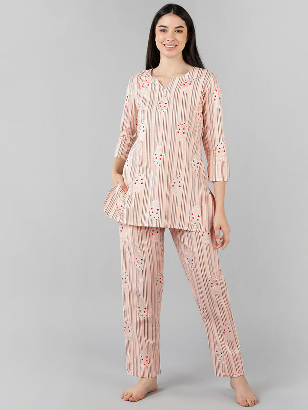 Women's Peach Cotton Striped Printed Night Suit  - Ahika