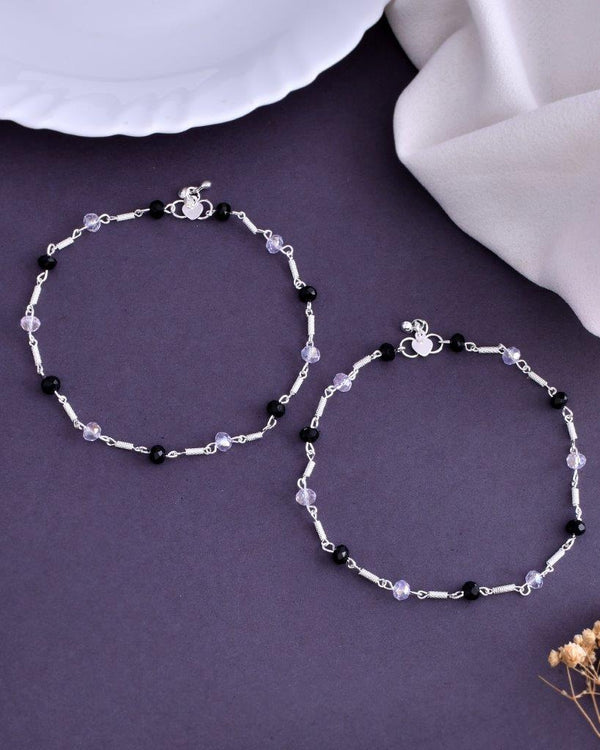 Set Of 2 Silver Plated Black & White Beads Anklet - Voj