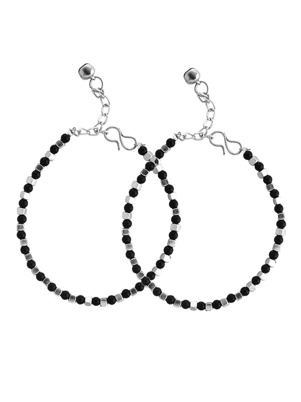 Women's Set Of 2 Artifical Beaded Silver & Black Anklet - Voj