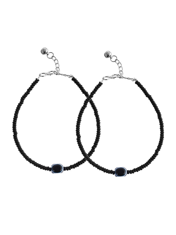 Women's Set Of 2 Evil Eye Black Beaded Anklet - Voj