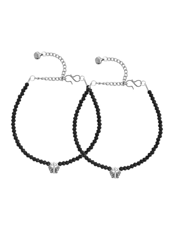 Women's Set Of 2 Black Beaded Butterfly Anklet - Voj