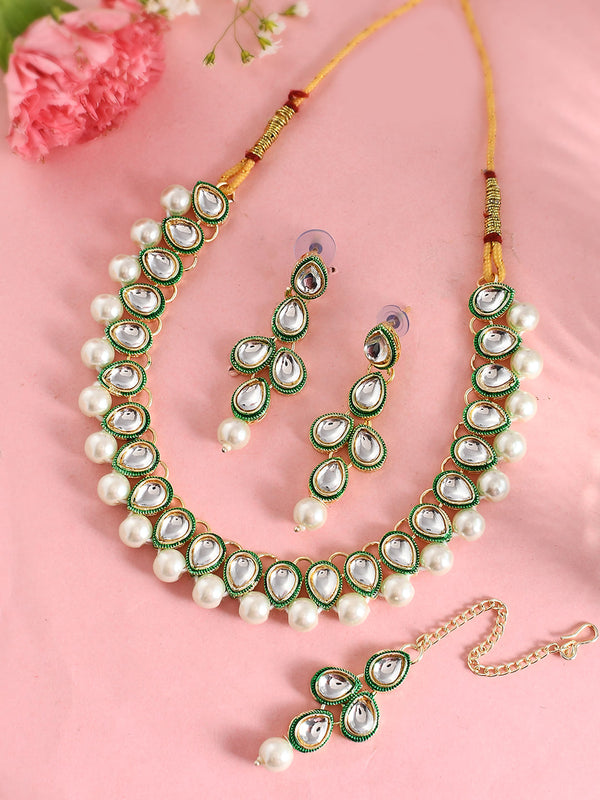 Women's White Pearl Kundan Necklace And Earring With Manag Tikka Jewellery Set - Voj