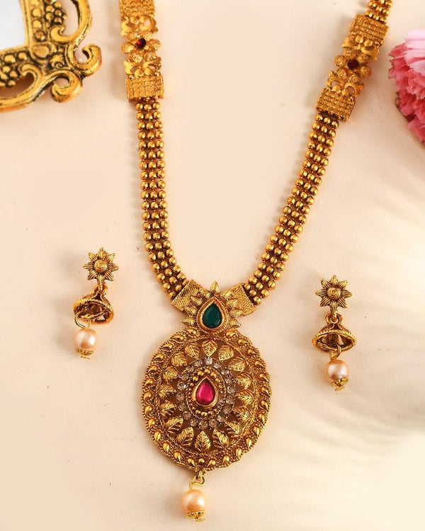 Women's Gold Plated Long Necklace With Earrings Jewellery Set  - Voj