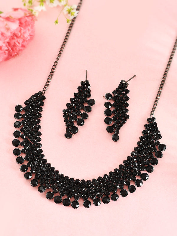 Women's Black American Diamond Chokar Jewellery Set With Earrings - Voj