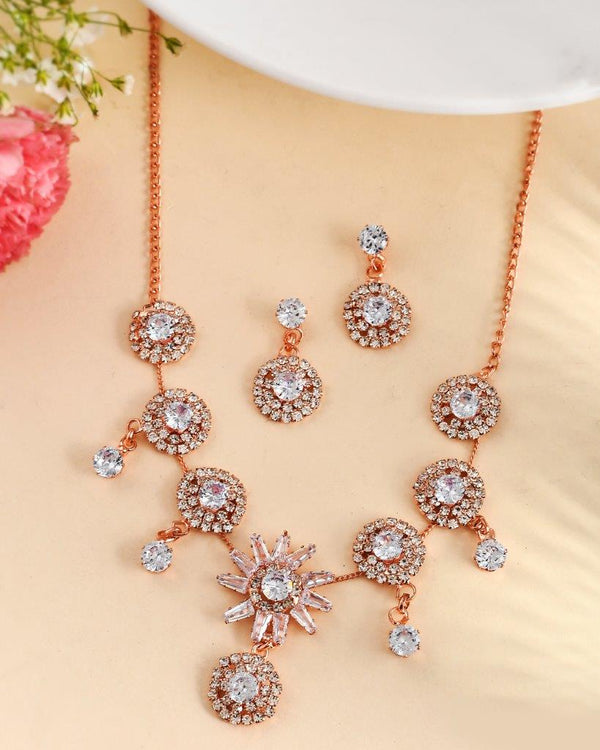 Women's Rose Gold Plated White American Diamond Jewellery Set - Voj