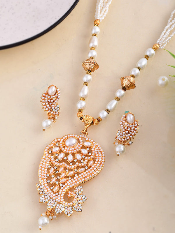 Women's Gold Plated And White Pearl Handcarfted Necklace With Earrings Set - Voj