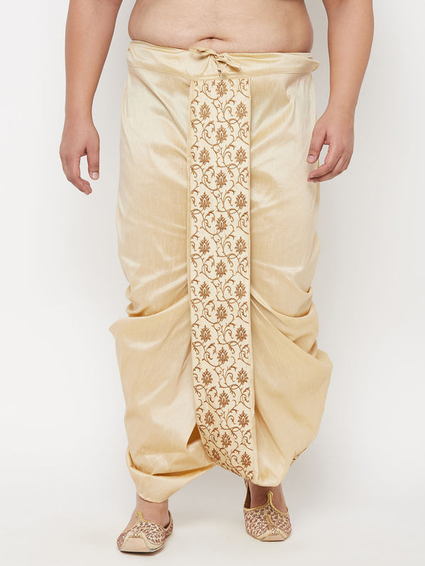 Jashvi Men's Plus Size Gold Cotton Blend Embroidered Traditional Dhoti