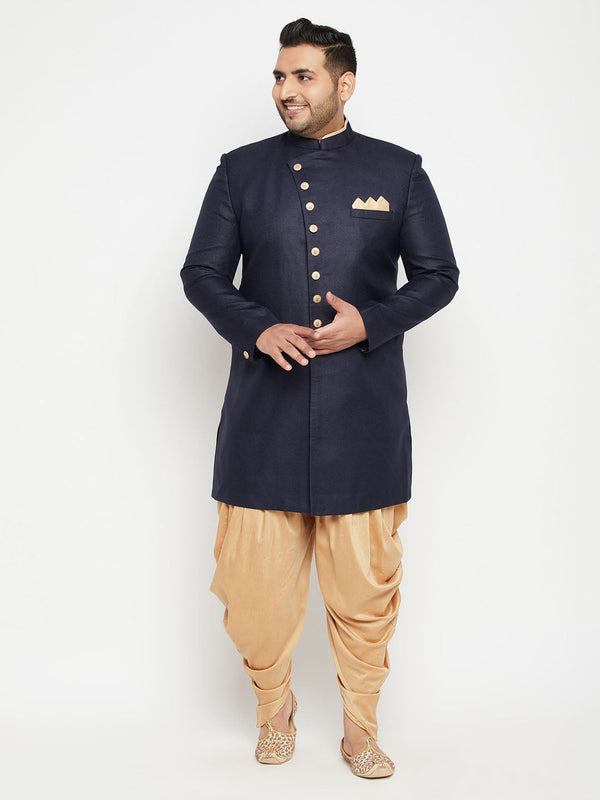 Jashvi Men's Plus Size Navy Blue Slim Fit Sherwani Set