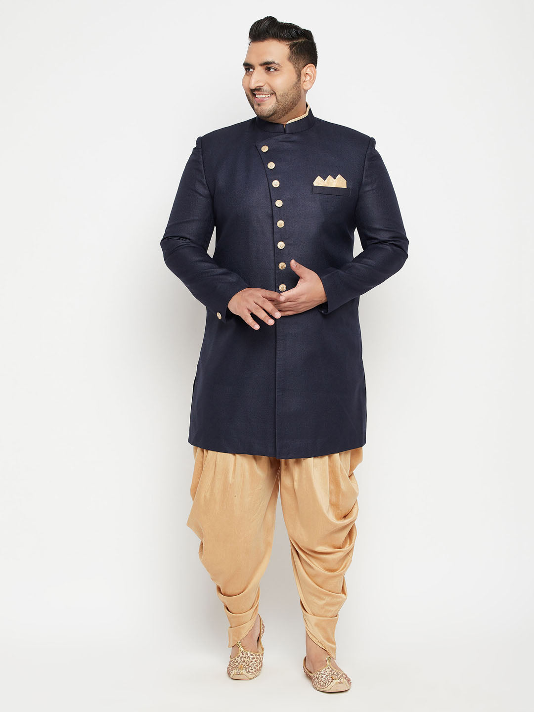 Men's Plus Navy Blue And Rose Gold Silk Blend Sherwani Set - Vastramay