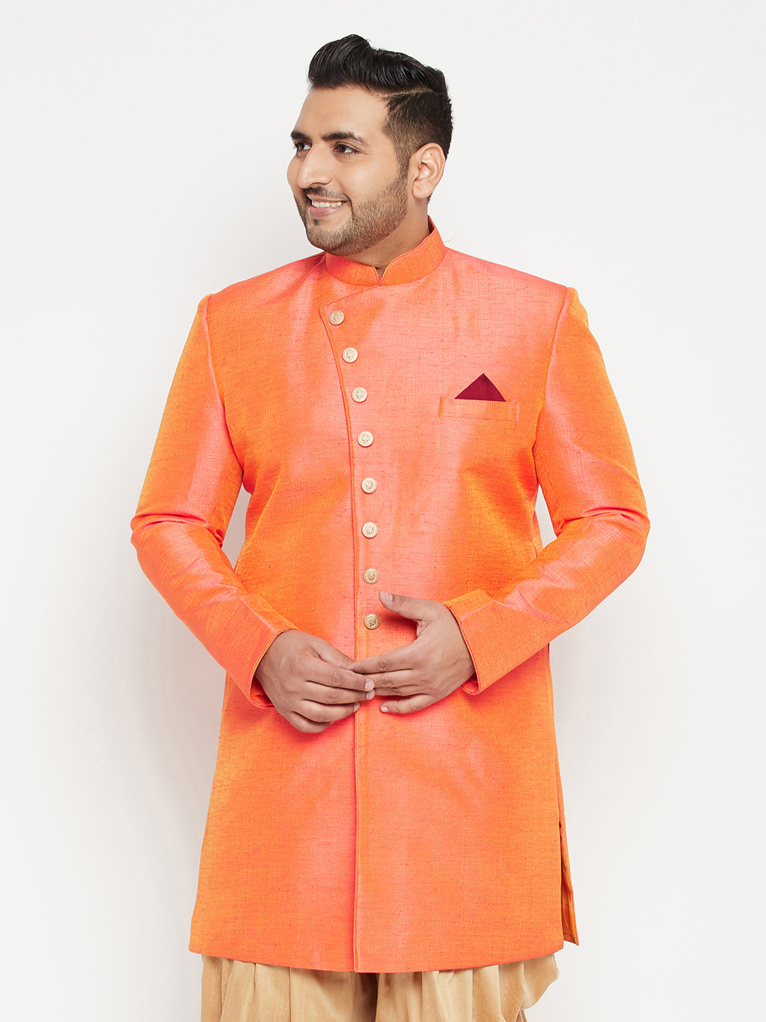 Men's Plus Orange Silk Blend Sherwani Top - Vastramay