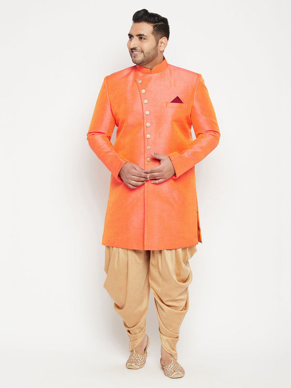 Jashvi Men's Plus Size Orange Slim Fit Sherwani Set