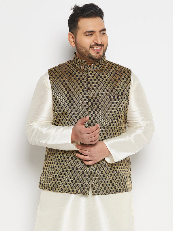 Jashvi Men's Plus Size Black and Gold Jacquard Nehru Jacket