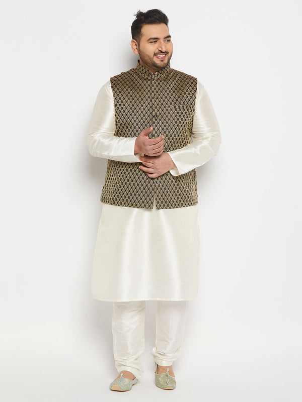 Jashvi Men's Plus Size  Black Ethnic Jacket With Cream Silk Blend Kurta and Pant Style Pyjama Set