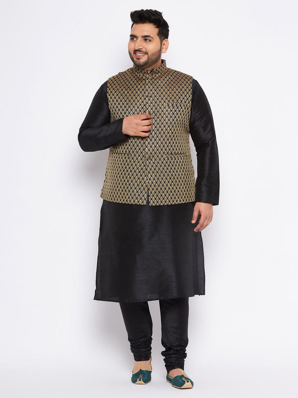 Jashvi Men's Plus Size  Black Ethnic Jacket With black Silk Blend Kurta and Pyjama Set