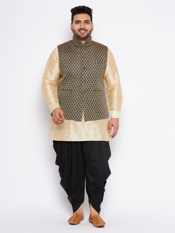 Jashvi Men's Plus Size  Black Ethnic Jacket With golden Silk Blend Kurta and black dhoti Set