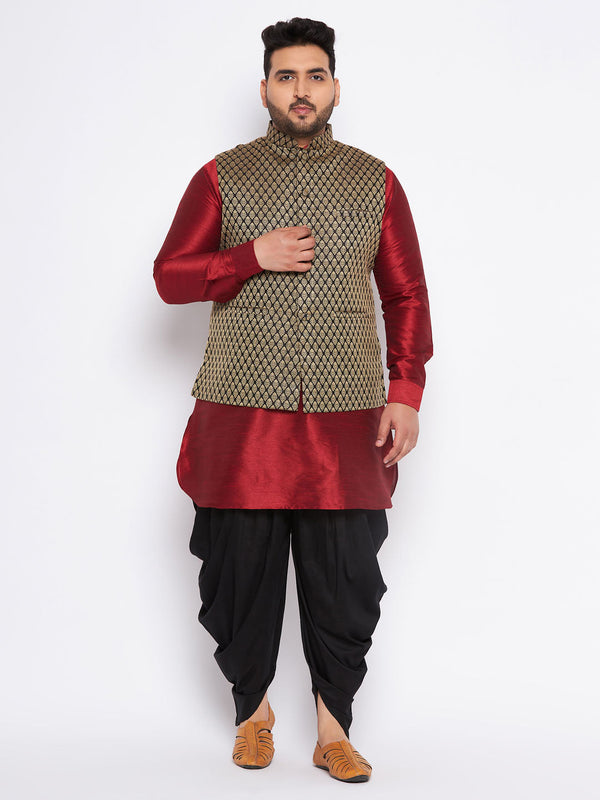 Jashvi Men's Plus Size Black Ethnic Jacket With Maroon Silk Blend Kurta and black dhoti Set