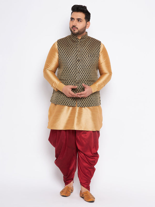 Jashvi Men's Plus Size Black Ethnic Jacket With Rose Gold Silk Blend Kurta and Maroon dhoti Set