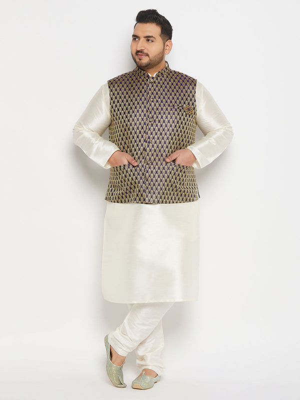 Jashvi Men's Plus Size Blue Ethnic Jacket With Cream Silk Blend Kurta and Pant Style Pyjama Set