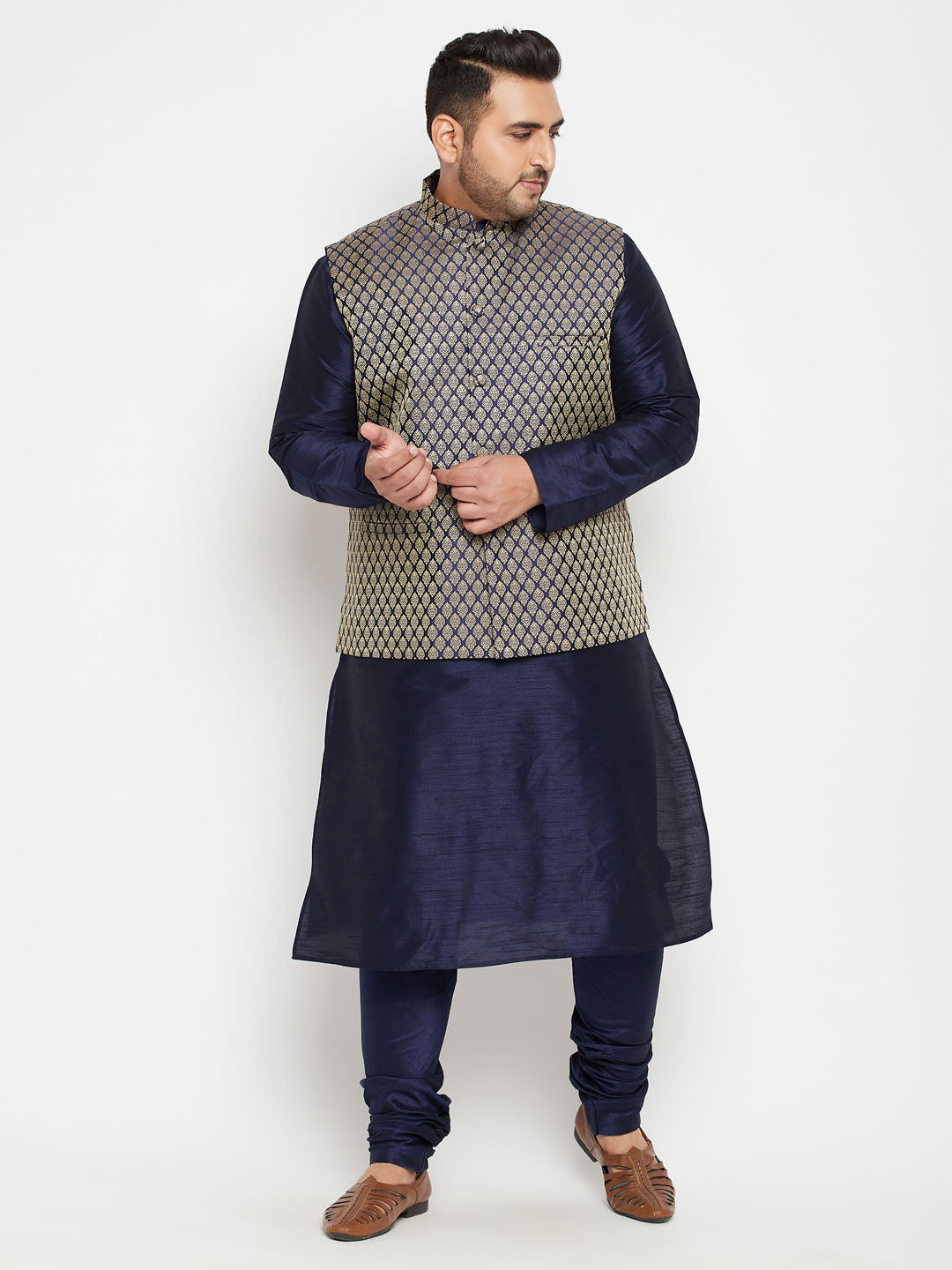 Men's Plus Navy Blue, Blue And White Silk Blend Jacket Kurta Pyjama Set - Vastramay