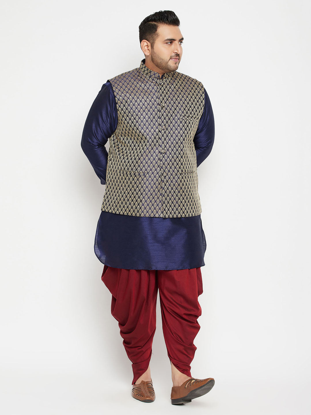 Men's Plus Navy Blue, Blue And White Silk Blend Jacket Kurta Pyjama Set - Vastramay