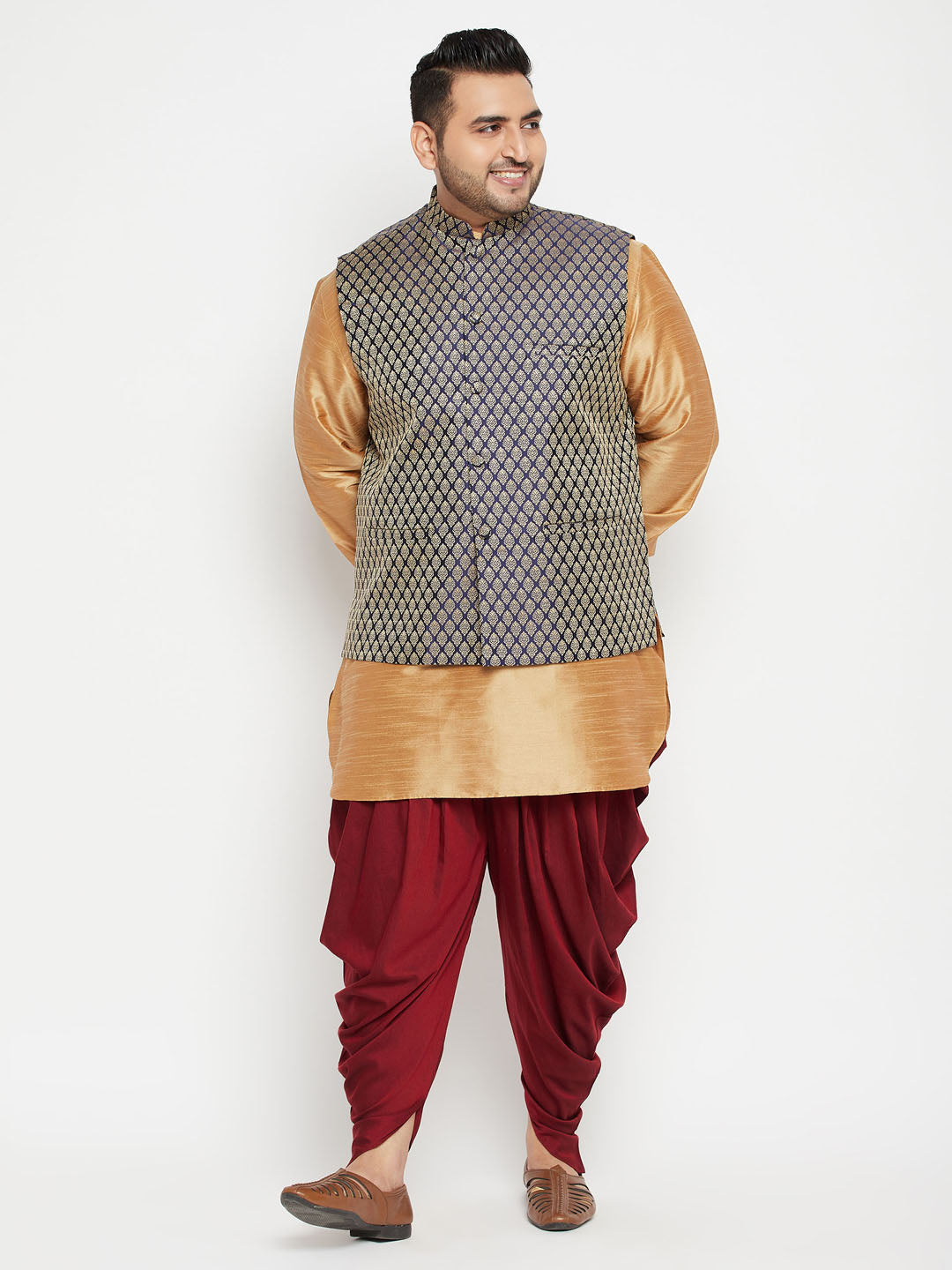 Men's Plus Rose Gold, Blue And White Silk Blend Jacket Kurta Pyjama Set - Vastramay