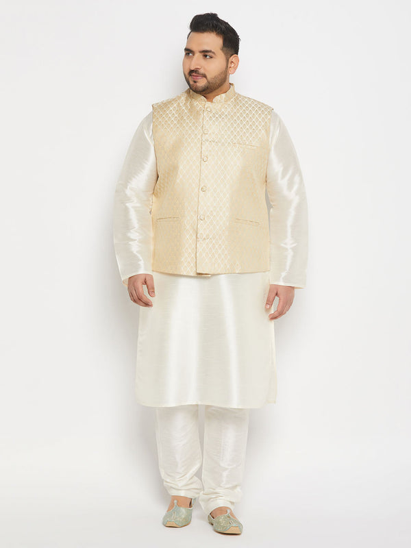 Jashvi Men's Plus Size Cream Ethnic Jacket With Cream Silk Blend Kurta and Pant Style Pyjama Set