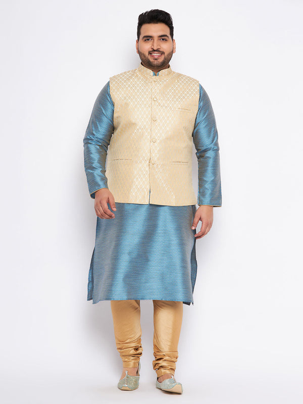 Jashvi Men's Plus Size Cream Ethnic Cream Jacket With Aqua Silk Blend Kurta and Golden Pyjama Set