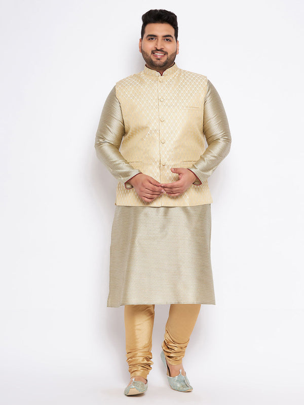 Jashvi Men's Plus Size Cream Ethnic Cream Jacket With Beige Silk Blend Kurta and Golden Pyjama Set