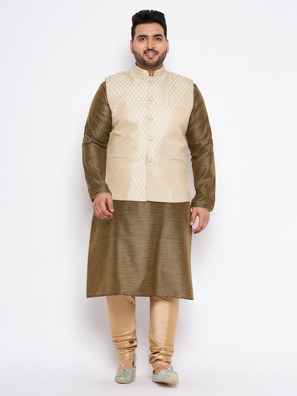 Jashvi Men's Plus Size Cream Ethnic Cream Jacket With Black Silk Blend Kurta and Golden Pyjama Set