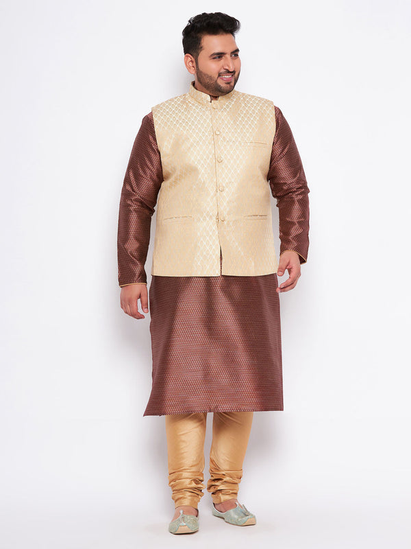 Jashvi Men's Plus Size Cream Ethnic Cream Jacket With Maroon Silk Blend Kurta and Golden Pyjama Set