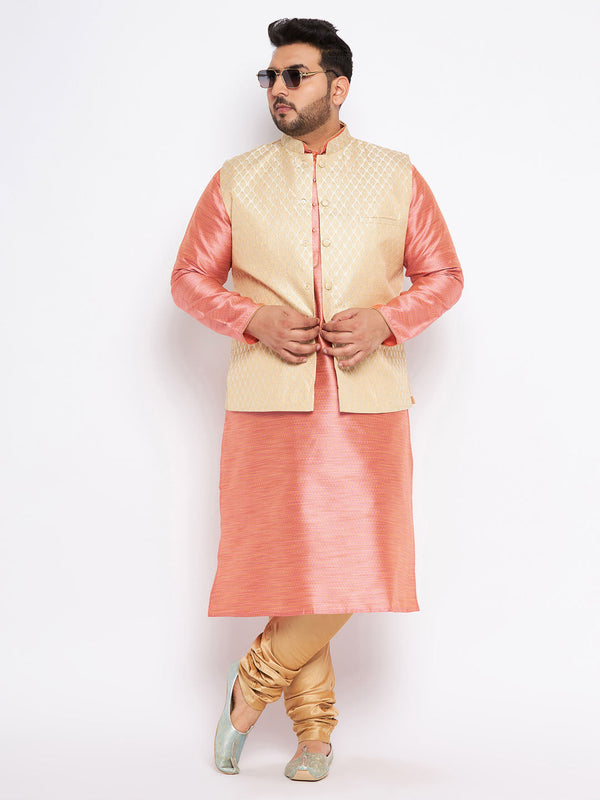 Jashvi Men's Plus Size Cream Ethnic Cream Jacket With Pink Silk Blend Kurta and Golden Pyjama Set