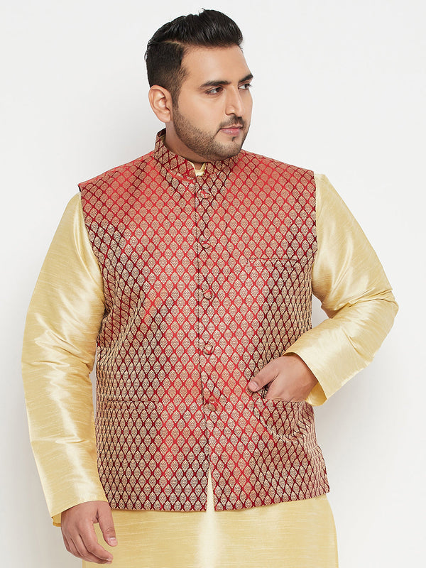 Jashvi Men's Plus Size Maroon Woven Nehru Jacket