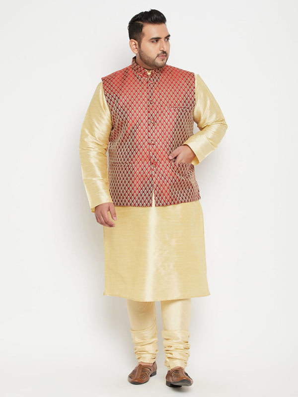 Jashvi Men's Plus Size Gold and Maroon Brocade Silk Blend Jacket Kurta Pyjama Set