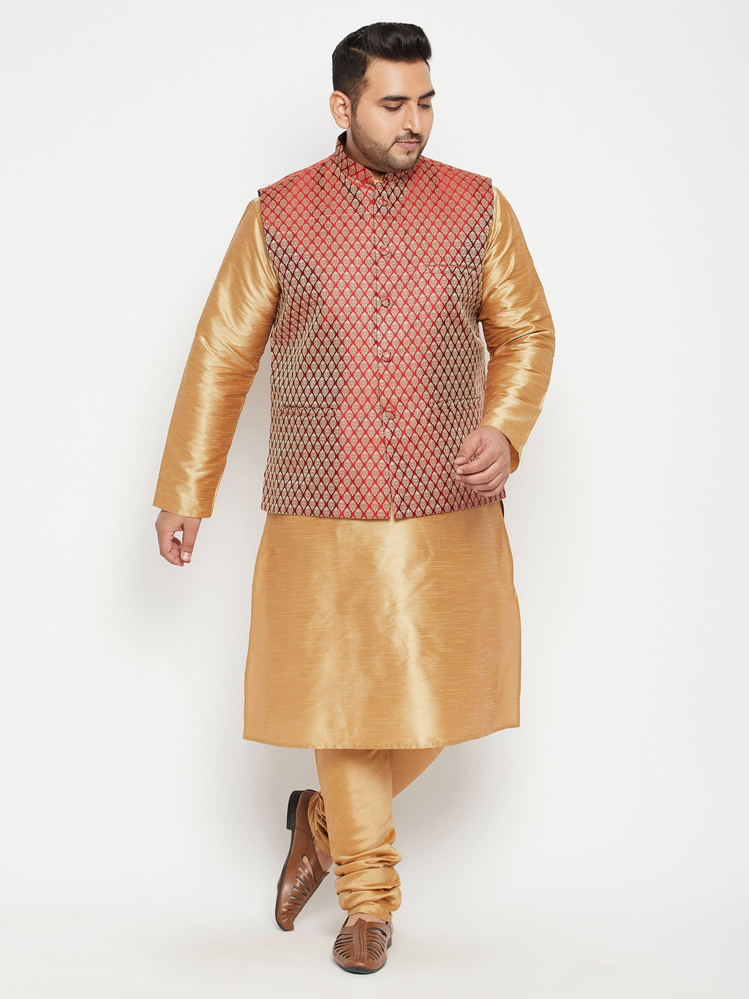 Men's Plus Rose Gold, Maroon And White Silk Blend Jacket Kurta Pyjama Set - Vastramay