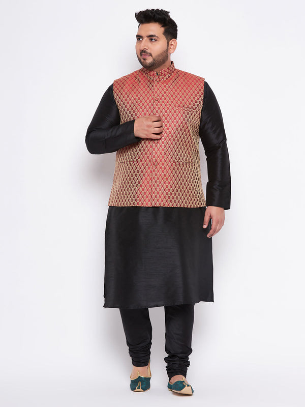 Jashvi Men's Plus Size Maroon Woven Nehru Jacket With Black Kurta And Pyjama Set