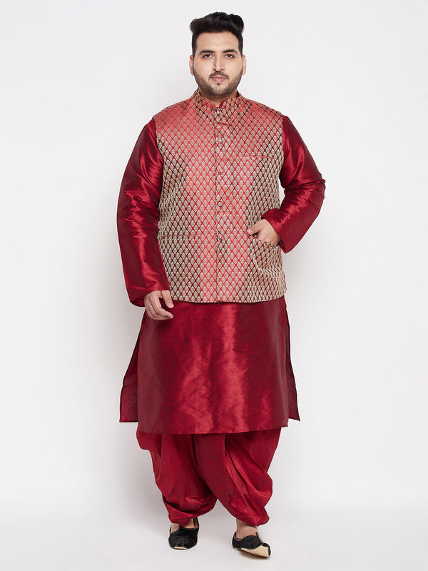 Jashvi Men's Plus Size Maroon Woven Silk Blend Jacket And Maroon Silk Blend Kurta Dhoti Set