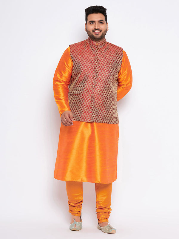 Jashvi Men's Plus Size Maroon Woven Nehru Jacket With Orange Kurta And Pyjama Set