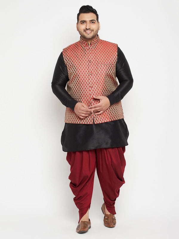 Jashvi Men's Plus Size Black and Maroon Silk Blend Jacket With Kurta Dhoti Pant Set