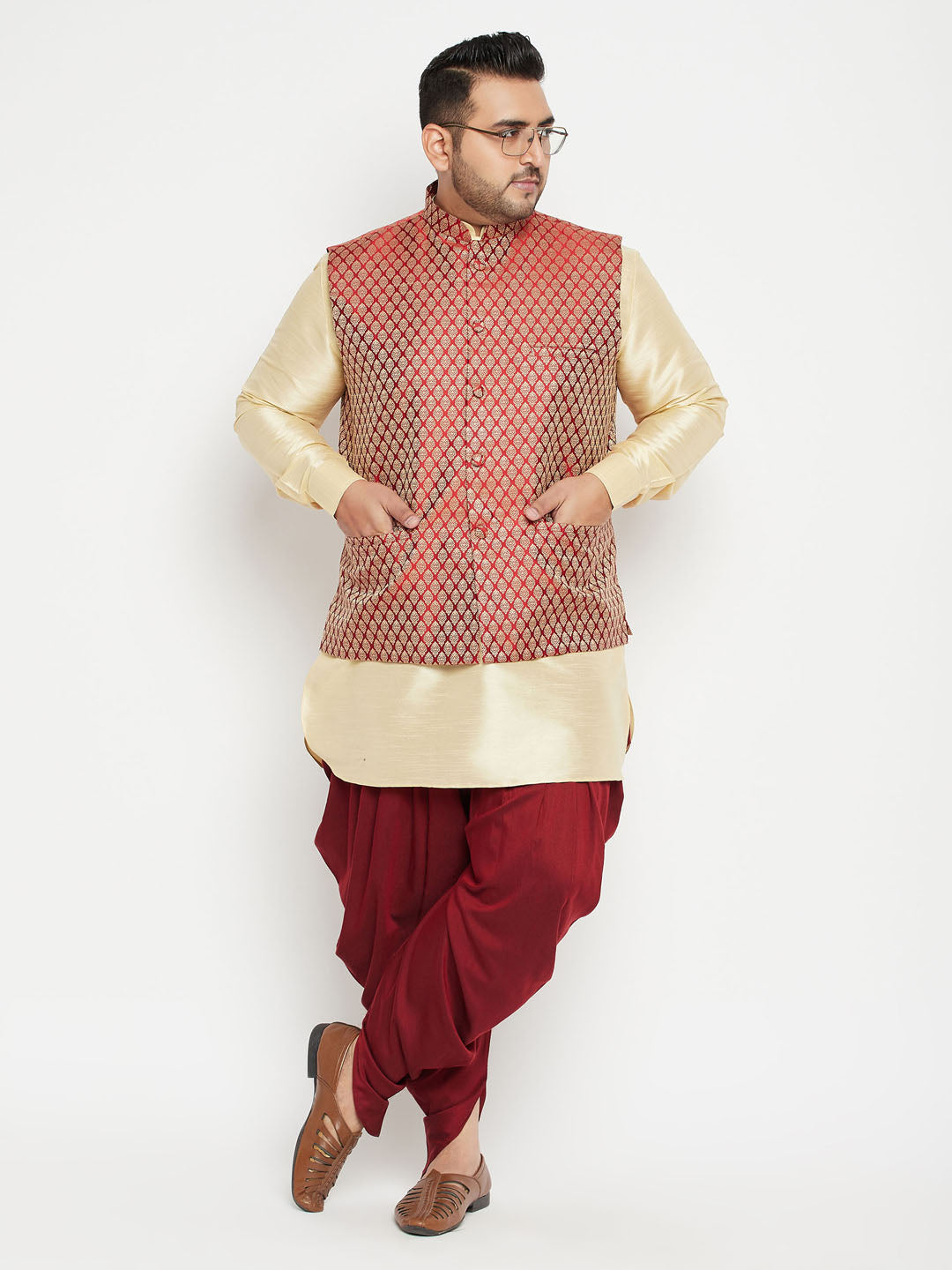 Men's Plus Gold, Maroon And White Silk Blend Jacket Kurta Pyjama Set - Vastramay