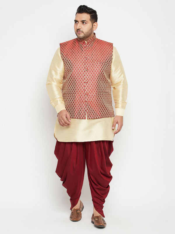 Jashvi Men's Plus Size Gold and Maroon Silk Blend Jacket Kurta Dhoti Pant Set