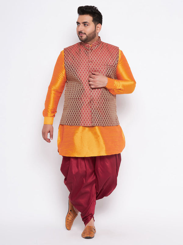 Jashvi Men's Plus Size Maroon Woven jacket And Orange kurta And Dhoti Set