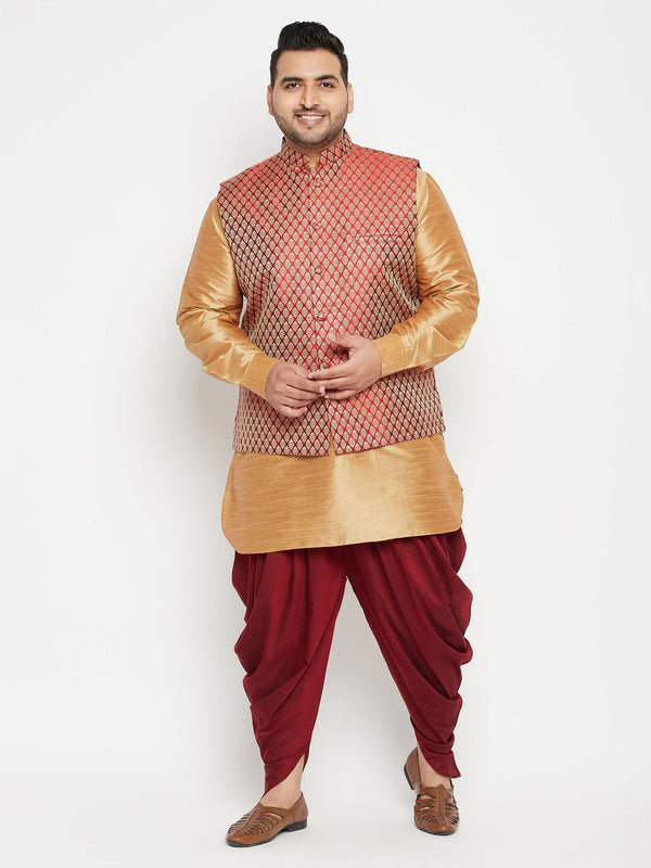 Jashvi Men's Plus Size Rose Gold and Maroon Silk Blend Jacket Kurta Dhoti Pant Set