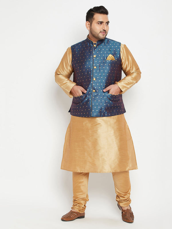 Jashvi Men's Plus Size Blue Zari Weaved Nehru Jacket With Kurta Pyjama set