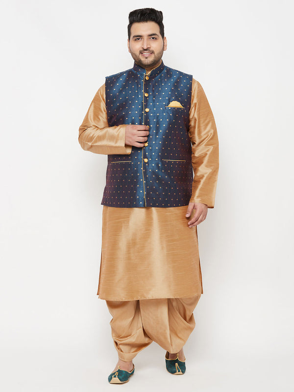 Jashvi PLUS Men's Blue Zari Weaved Nehru Jacket With Kurta Dhoti set