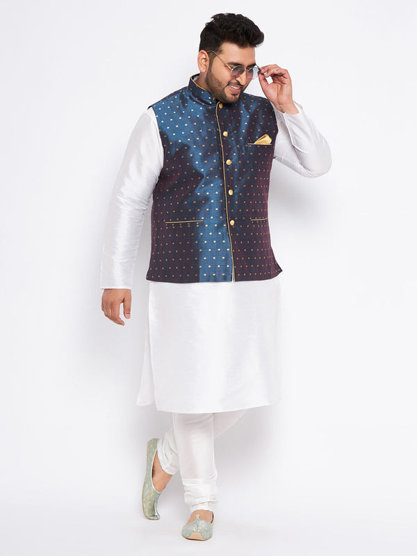 Jashvi Men's Plus Size Blue Zari Weaved Nehru Jacket With Kurta Pyjama set