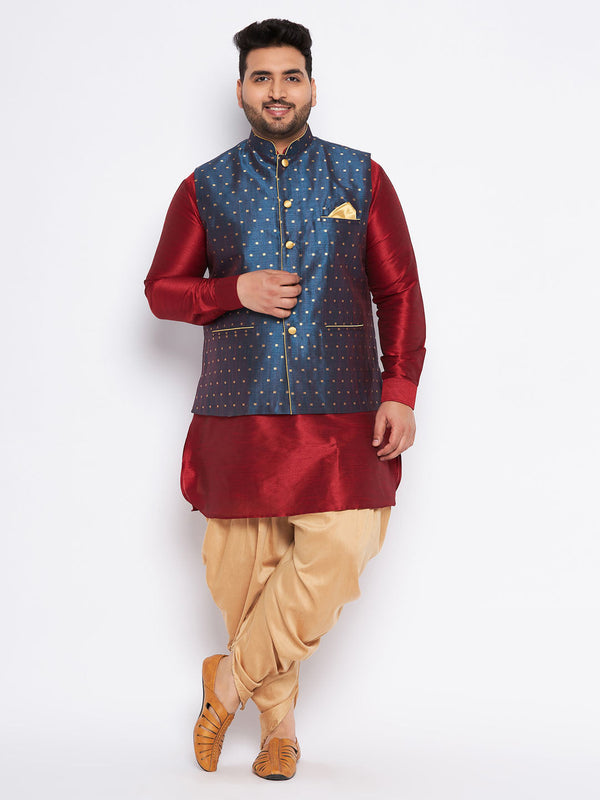 Jashvi Men's Plus Size Blue Zari Weaved Nehru Jacket With Curved Kurta Dhoti set